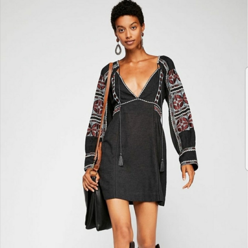 Boho Embroidered Black Mini Dress with Tassel Tie